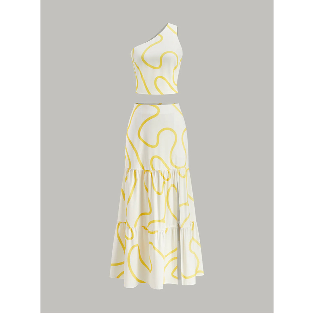 Commense Yellow One-Shoulder Abstract Print Skirt Set SZ L